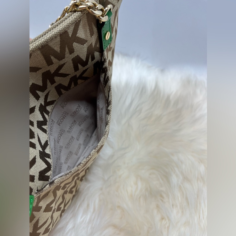 Michael Michael Kors Monogram Canvas Tote Emerald Green Chain and Leather Straps - Picture 6 of 13
